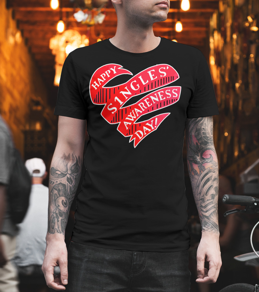 Happy Singles Awareness Day Red Ribbon Heart T-Shirt