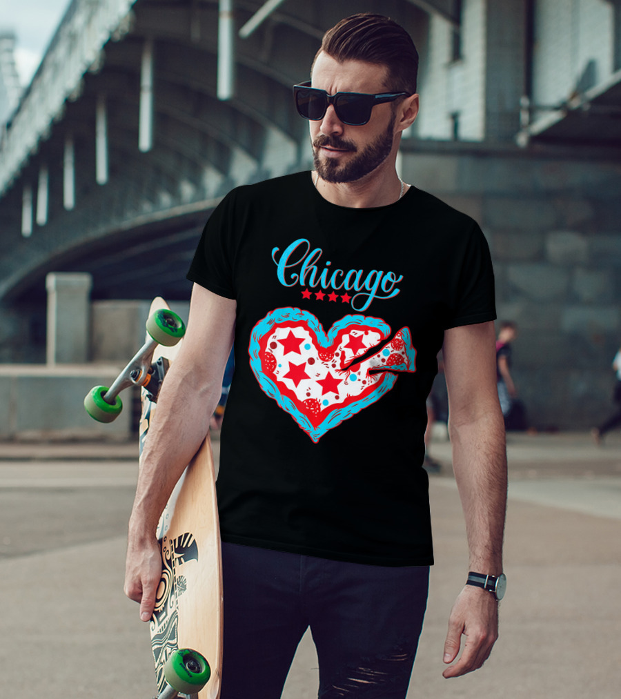 Chicago Heart Pizza Stars Valentines Day T-Shirt