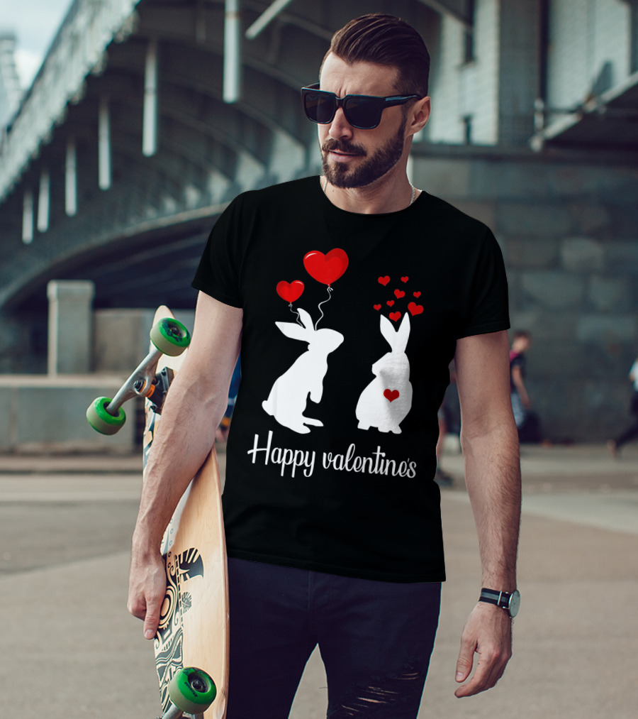 Happy Valentine's White Rabbits With Red Heart Balloons T-Shirt