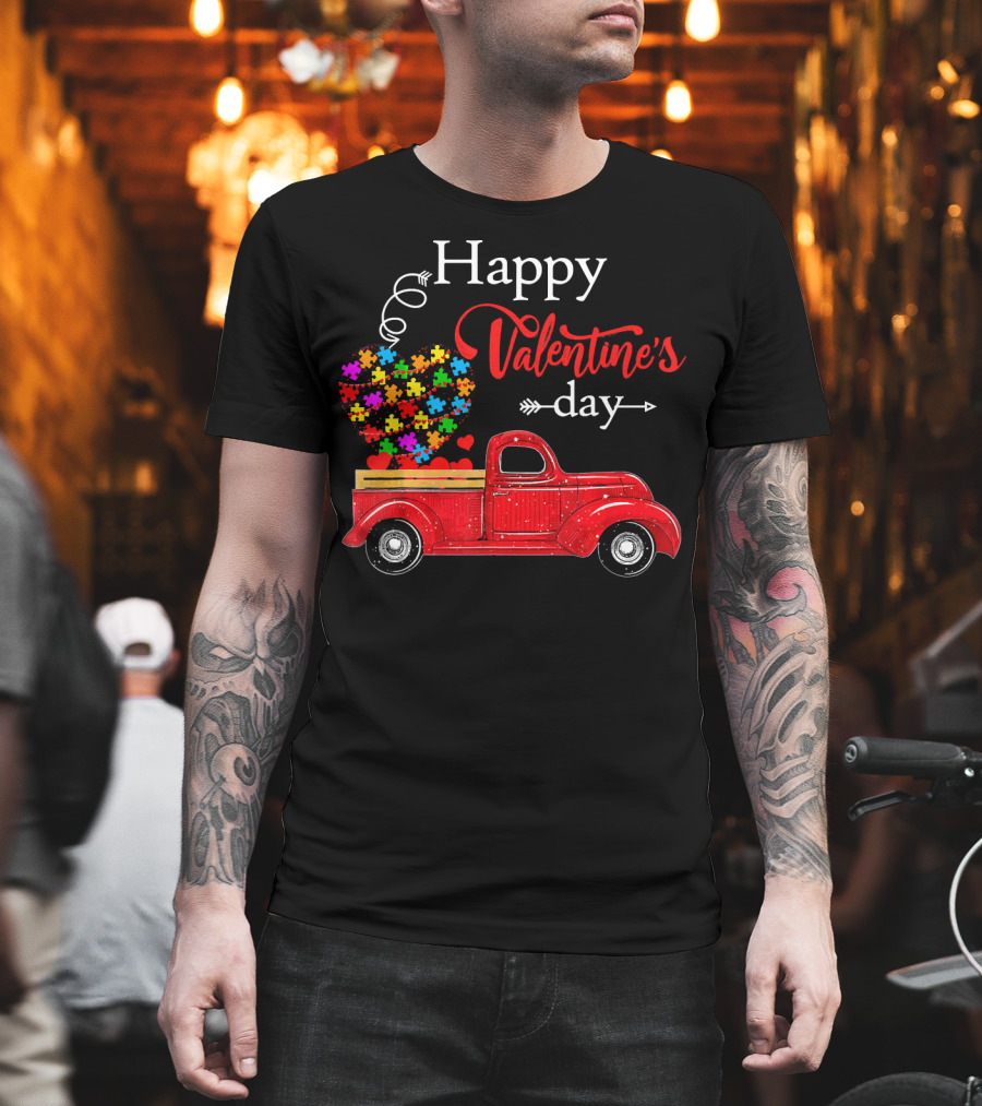 Happy Valentine's Day Truck with Colorful Heart Puzzles T-Shirt