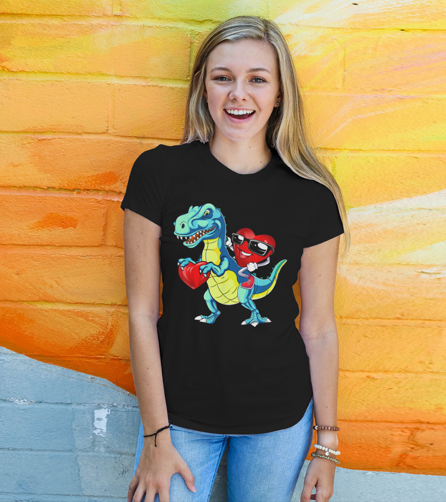Valentine Heart With Sunglasses Riding Dinosaur With Heart T-Shirt