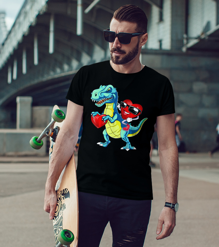 Valentine Heart With Sunglasses Riding Dinosaur With Heart T-Shirt