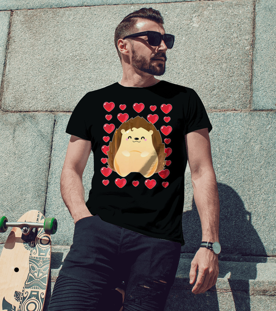 Hedgehog Surrounded By Hearts For Valentines Day T-Shirt