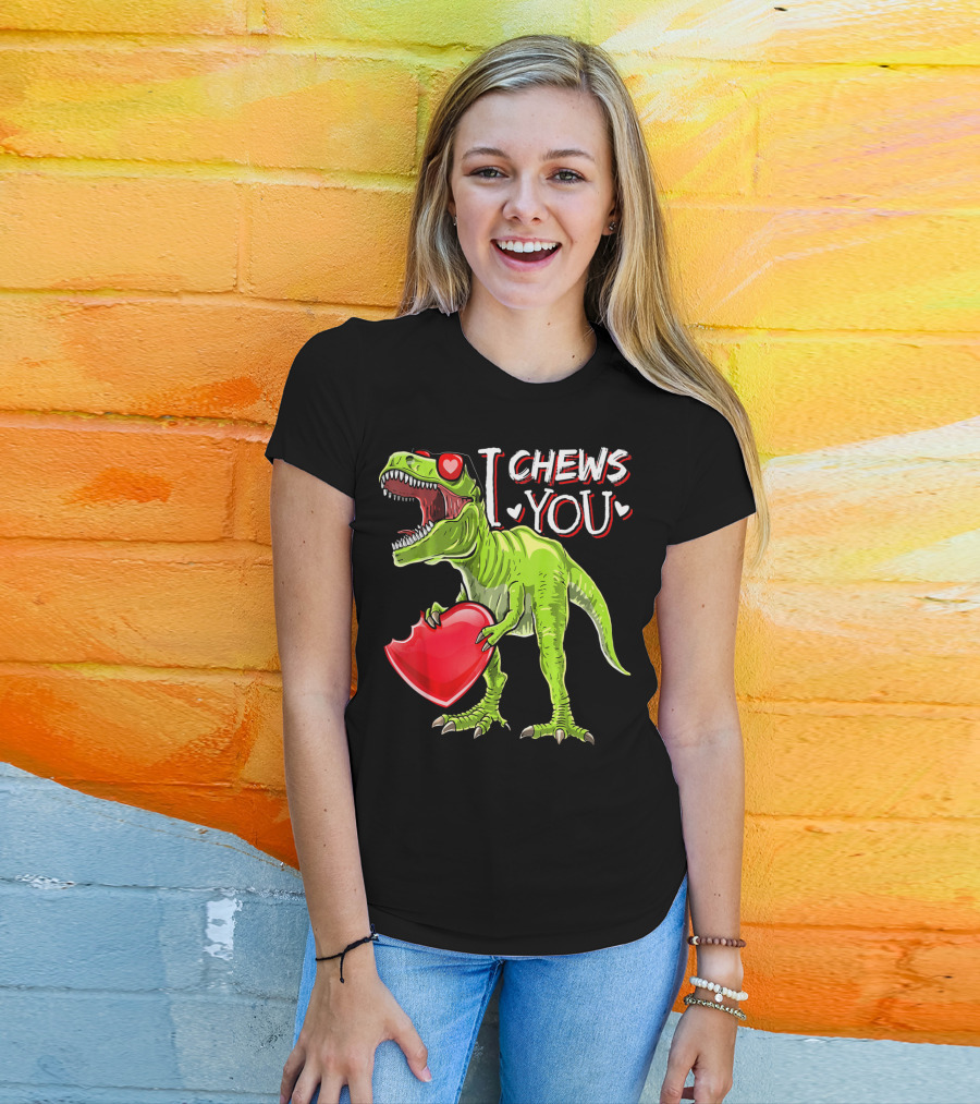 I Chews You Valentine Rex Dinosaur Holding Heart With Red Glasses T-Shirt
