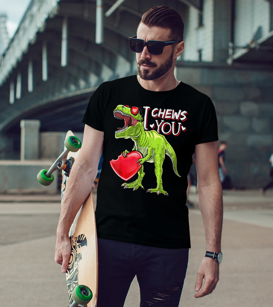 I Chews You Valentine Rex Dinosaur Holding Heart With Red Glasses T-Shirt