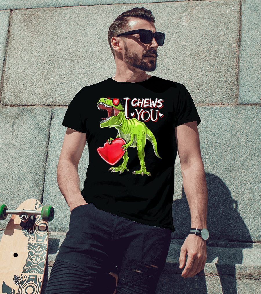 I Chews You Valentine Rex Dinosaur Holding Heart With Red Glasses T-Shirt