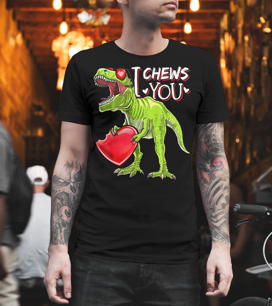 I Chews You Valentine Rex Dinosaur Holding Heart With Red Glasses T-Shirt