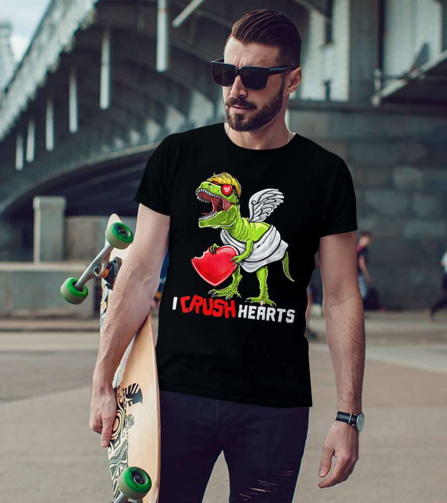 I Crush Hearts Valentine Day T-Rex With Wings And Heart T-Shirt