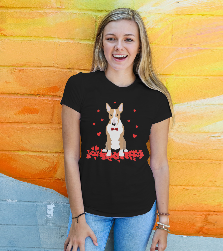 I Love My Bull Terrier Valentine Surrounded By Hearts And Red Bow Tie T-Shirt