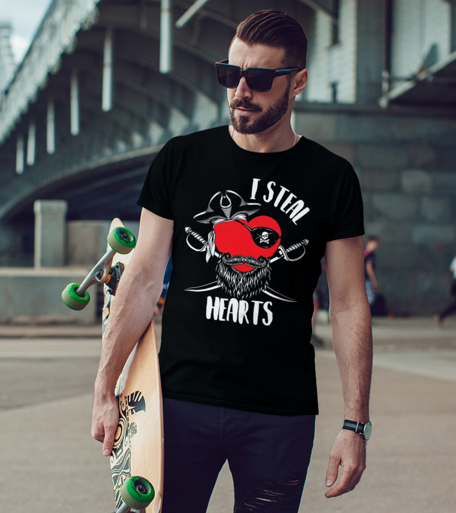 I Steal Hearts Funny Valentines Day Pirate Beard Patch Swords T-Shirt
