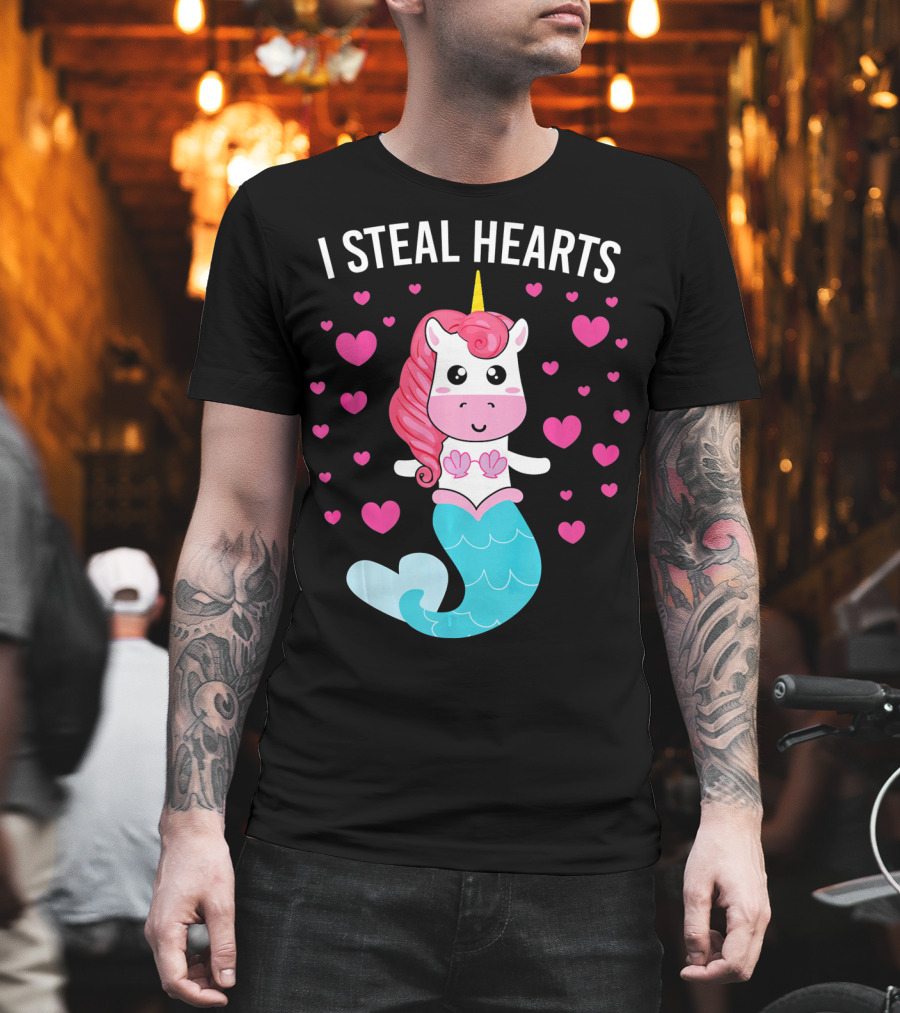 I Steal Hearts Cute Mermaid Unicorn Valentine Hearts T-Shirt