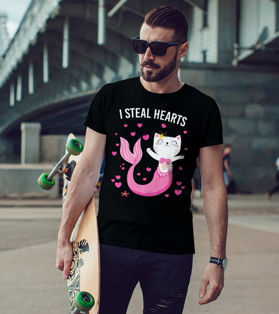 I Steal Hearts Purrmaid Cat Mermaid With Pink Hearts T-Shirt
