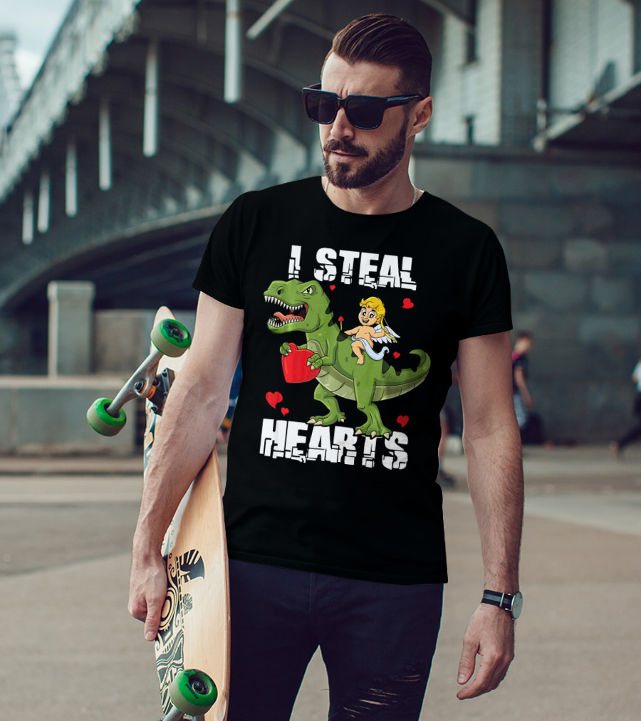 I Steal Hearts Dinosaur With Cupid And Valentines Hearts T-Shirt