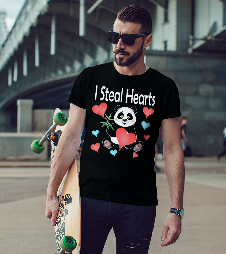 I Steal Hearts Valentines Day Panda Holding Heart And Bamboo T-Shirt