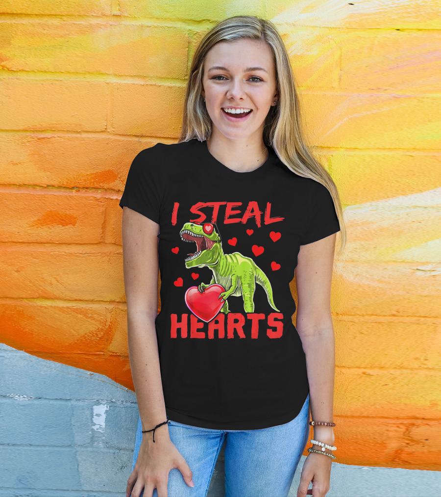 I Steal Hearts Valentines Day Rex Dino Holding Heart Surrounded By Hearts T-Shirt