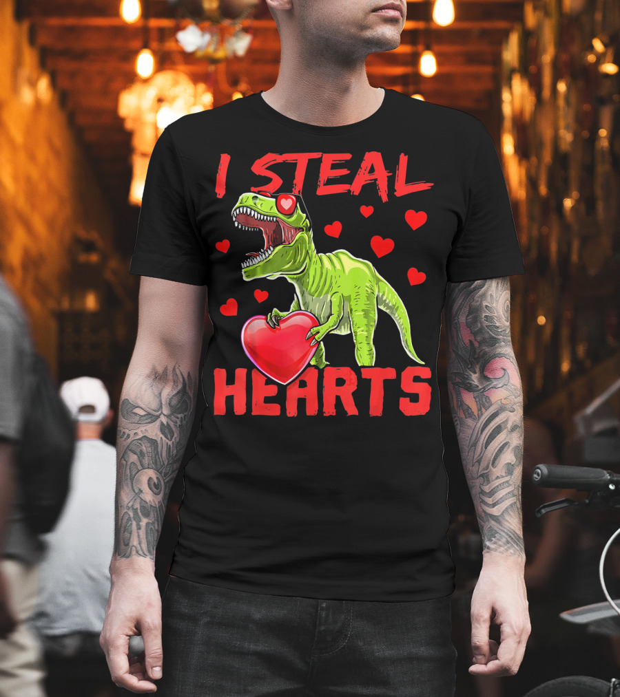 I Steal Hearts Valentines Day Rex Dino Holding Heart Surrounded by Hearts T-Shirt