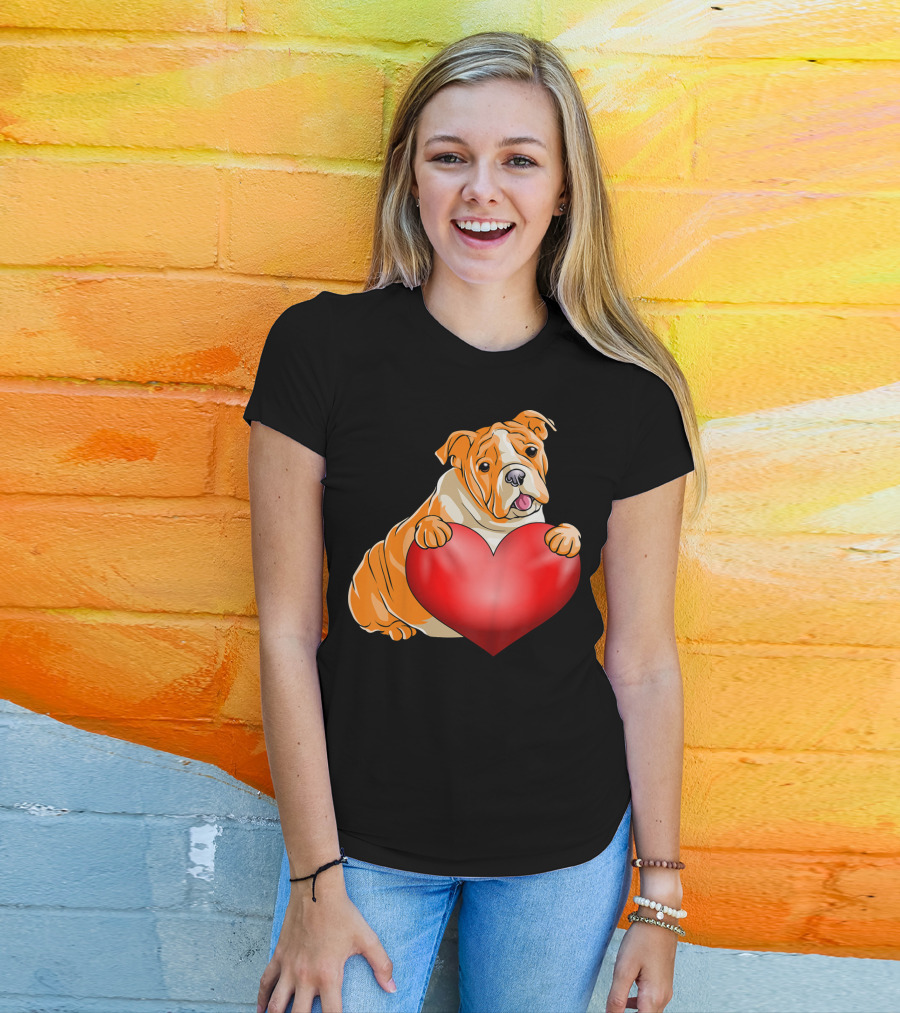 Kids Valentines Day Bulldog Heart Dog T-Shirt