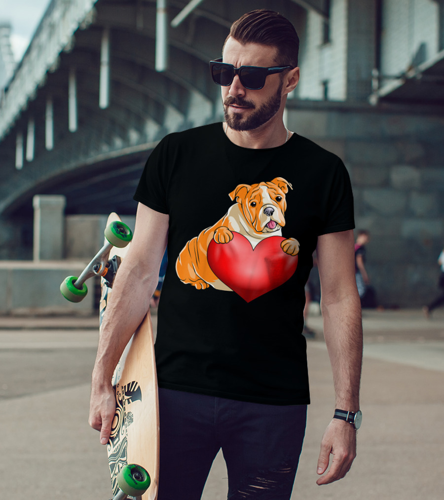 Kids Valentines Day Bulldog Heart Dog T-Shirt