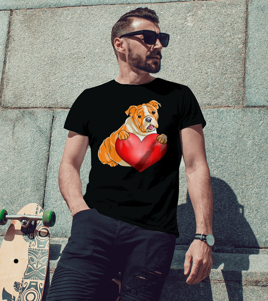 Kids Valentines Day Bulldog Heart Dog T-Shirt