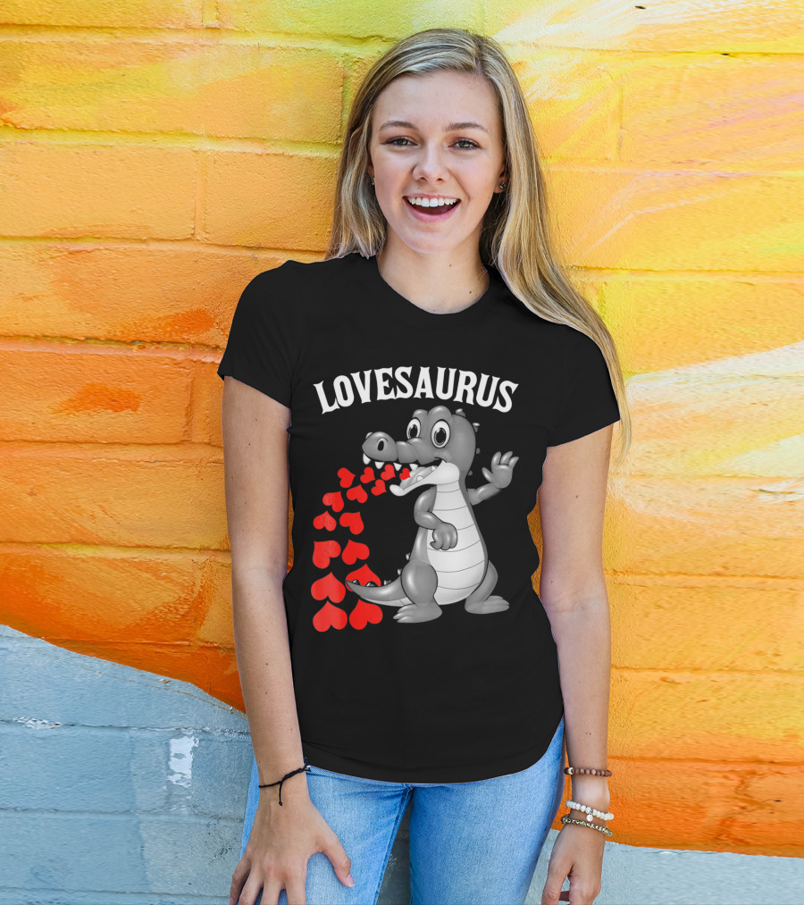 LOVESAURUS Kids Valentines Day Dinosaur Hearts T-Shirt