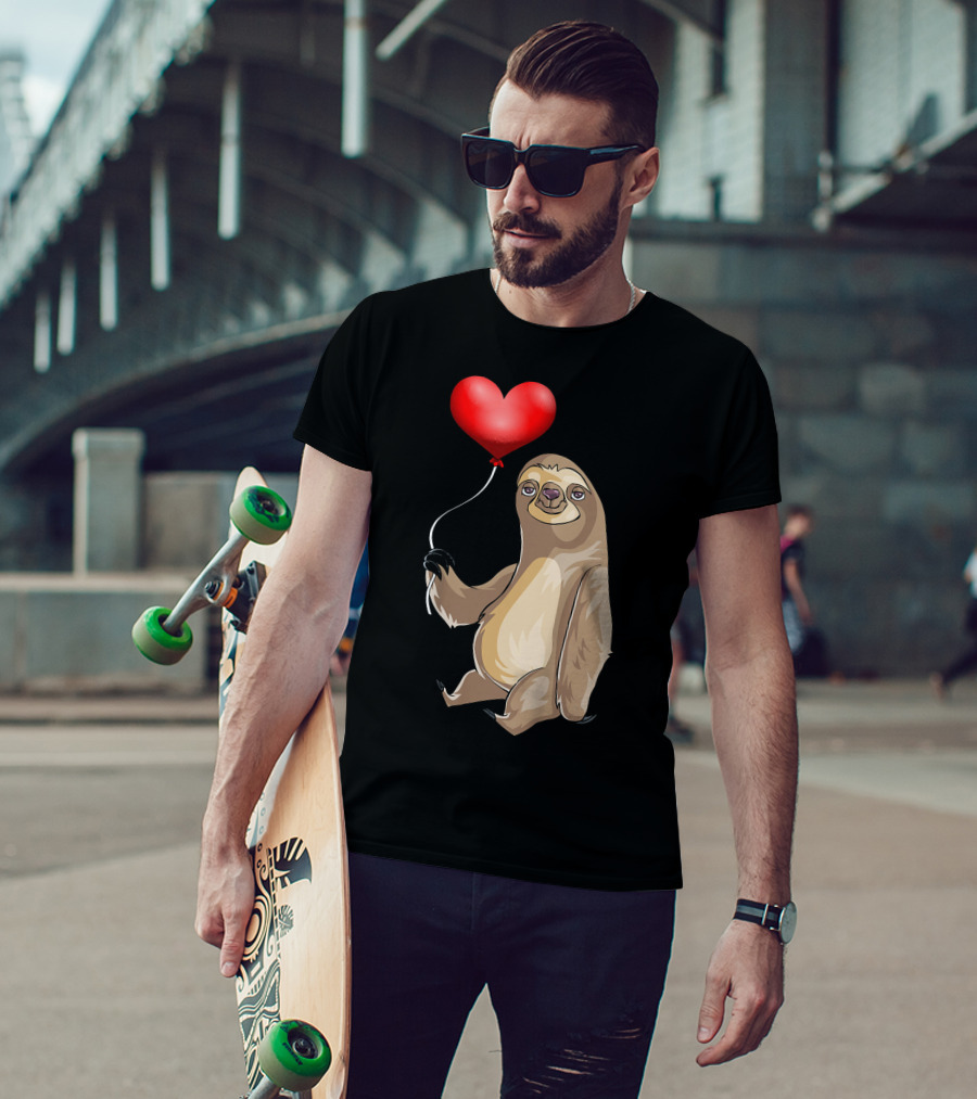 Kids Valentines Day Sloth Holding Heart Balloon T-Shirt