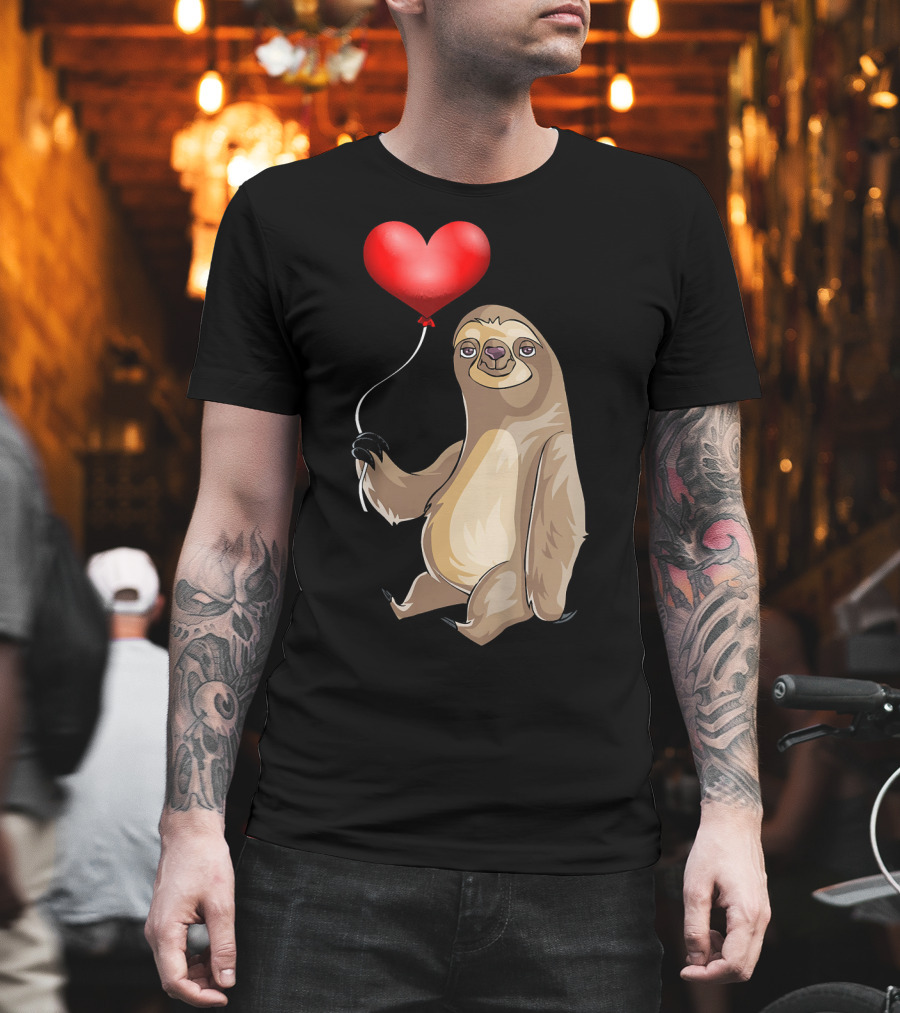 Kids Valentines Day Sloth Holding Heart Balloon T-Shirt
