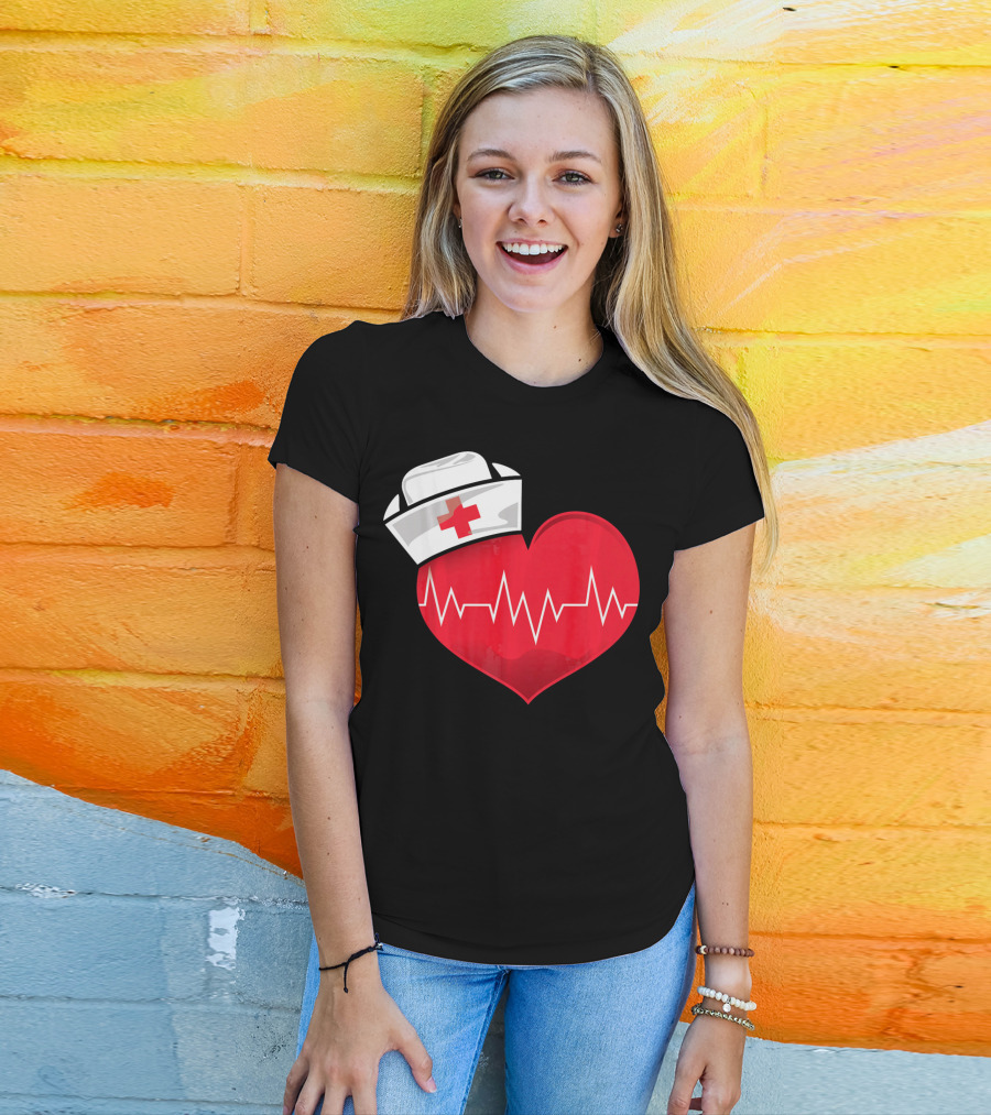 Nurse Heartbeat Valentine Costume With White Nurse Hat And Red Heartbeat Line T-Shirt