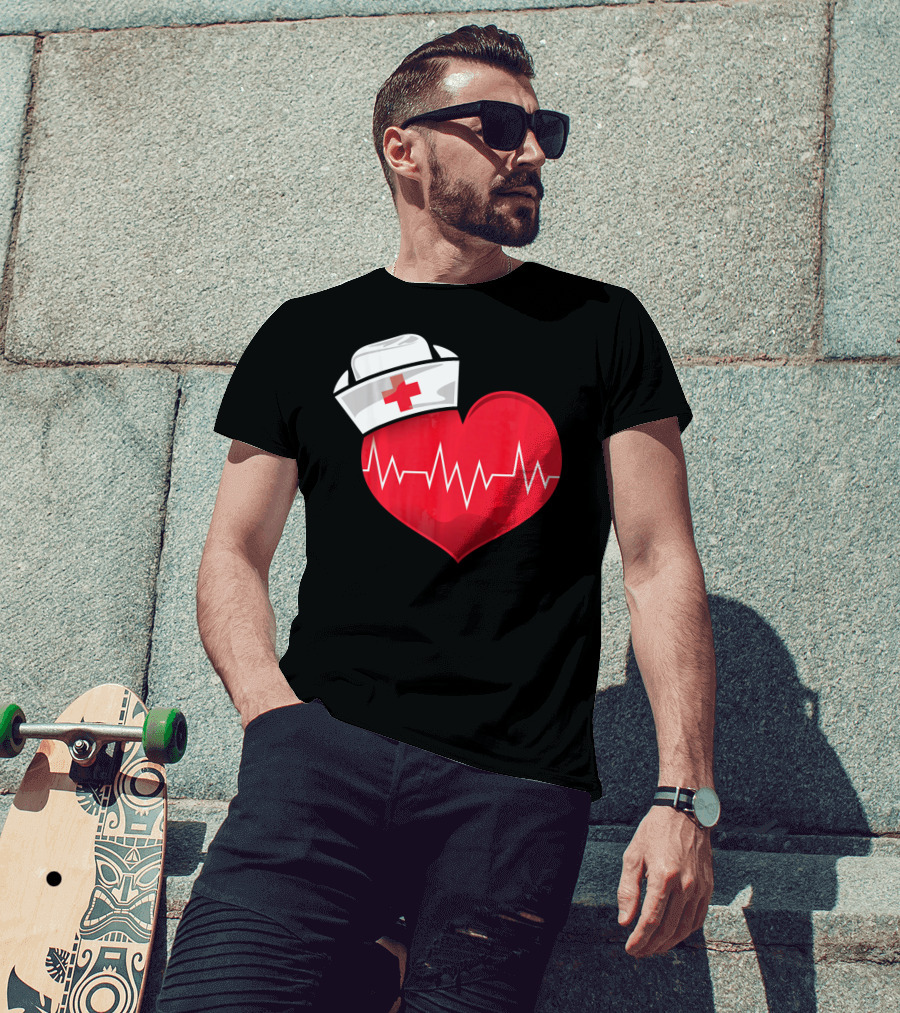 Nurse Heartbeat Valentine Costume With White Nurse Hat And Red Heartbeat Line T-Shirt