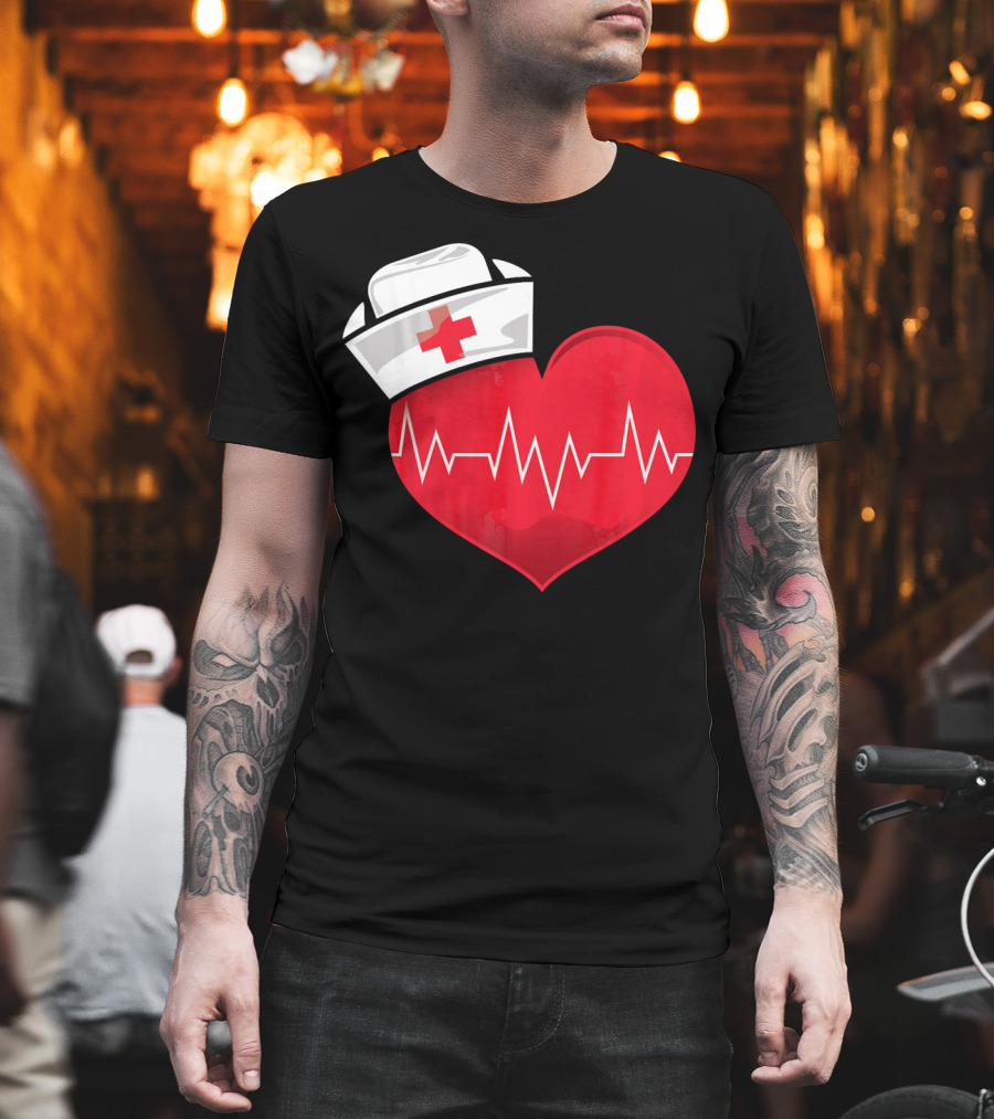 Nurse Heartbeat Valentine Costume With White Nurse Hat And Red Heartbeat Line T-Shirt