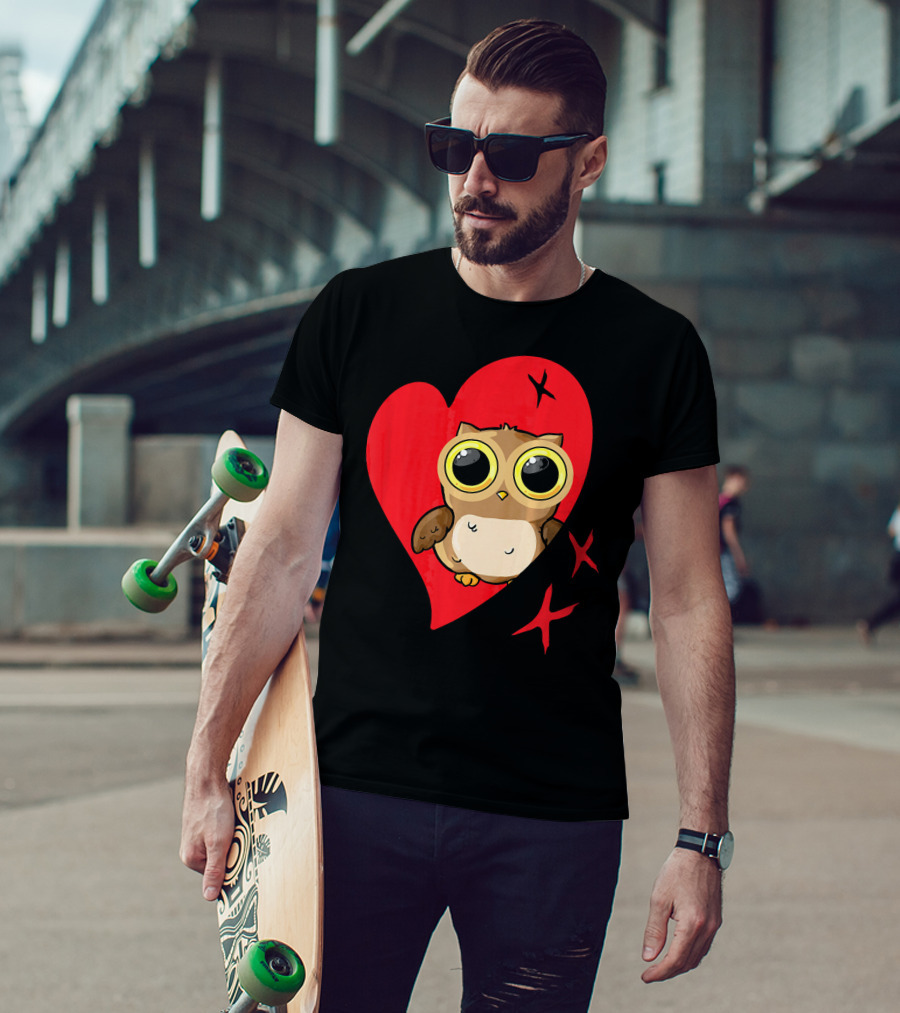 Valentine Day Red Heart Owl With Big Eyes T-Shirt