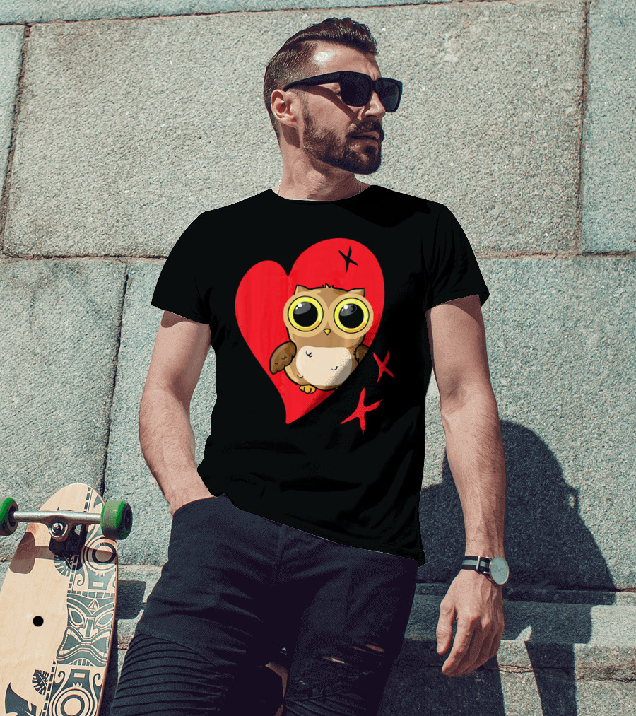 Valentine Day Red Heart Owl With Big Eyes T-Shirt