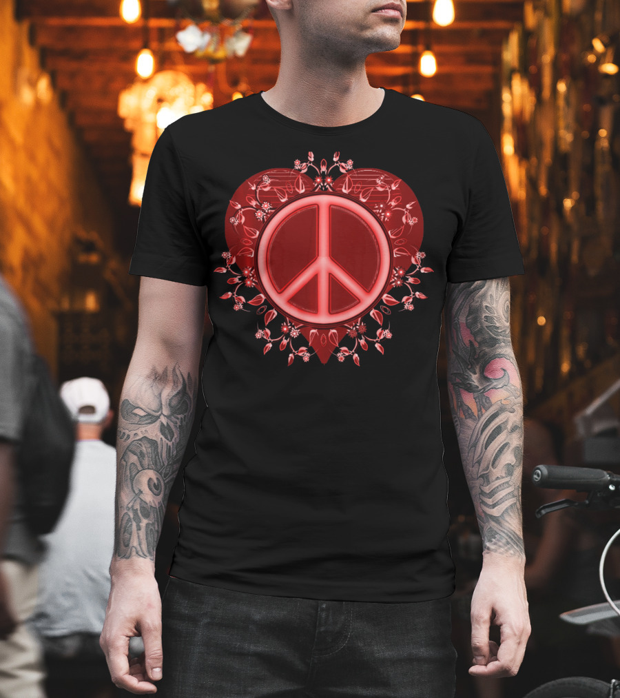 Peace Sign Heart Valentine Floral Embrace T-Shirt