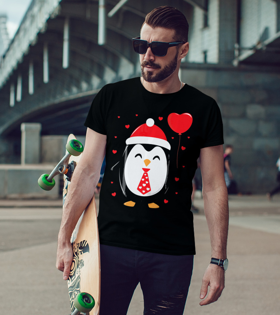 Penguin Valentines Day Heart Balloon Santa Hat And Hearts T-Shirt