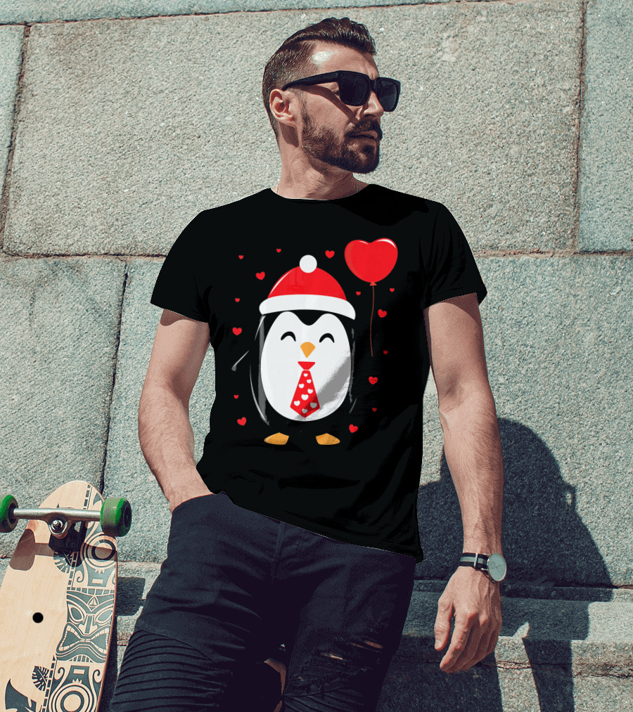 Penguin Valentines Day Heart Balloon Santa Hat And Hearts T-Shirt