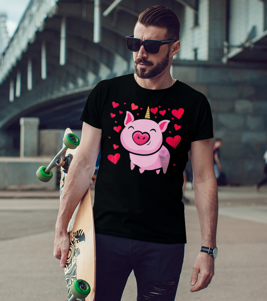 Pigacorn Valentine Unicorn Pig With Hearts For Lovers T-Shirt