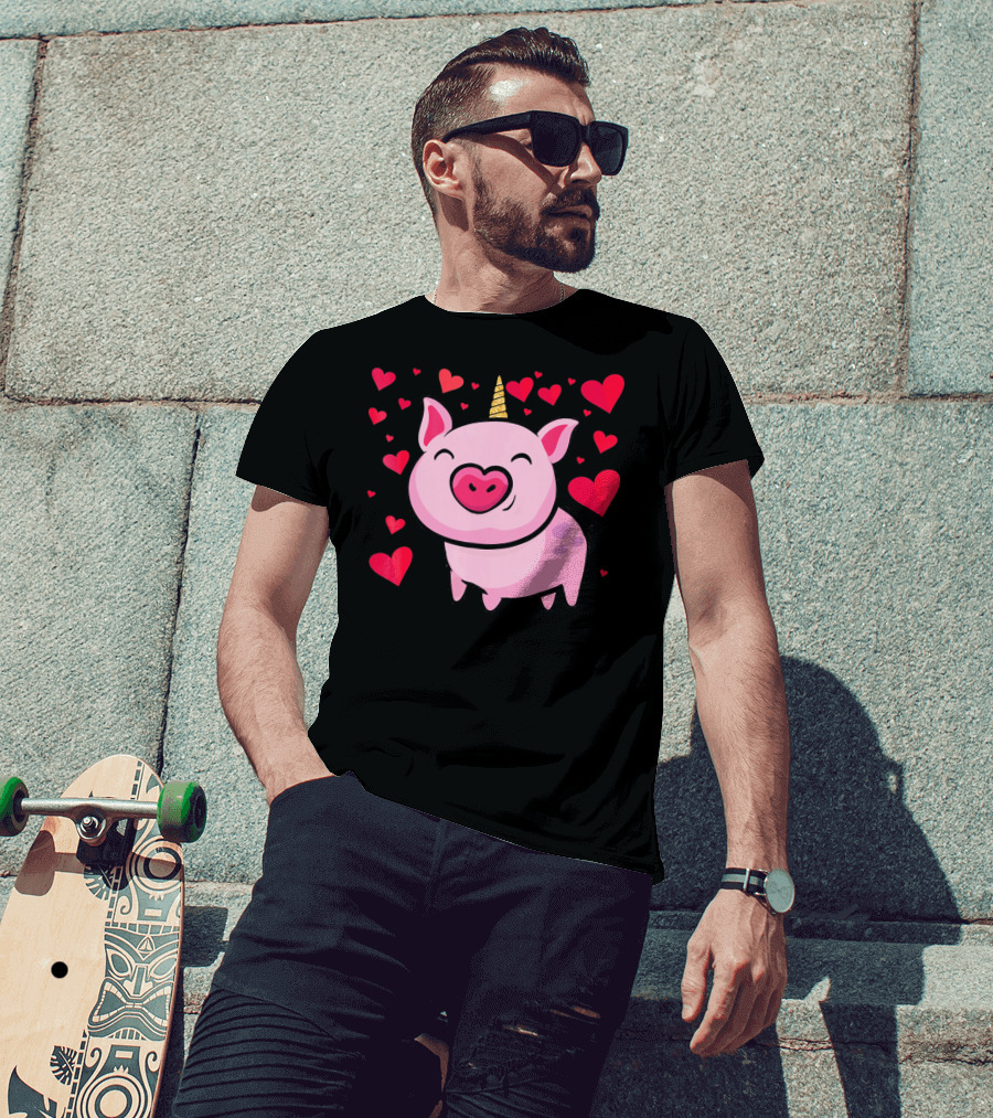 Pigacorn Valentine Unicorn Pig With Hearts For Lovers T-Shirt