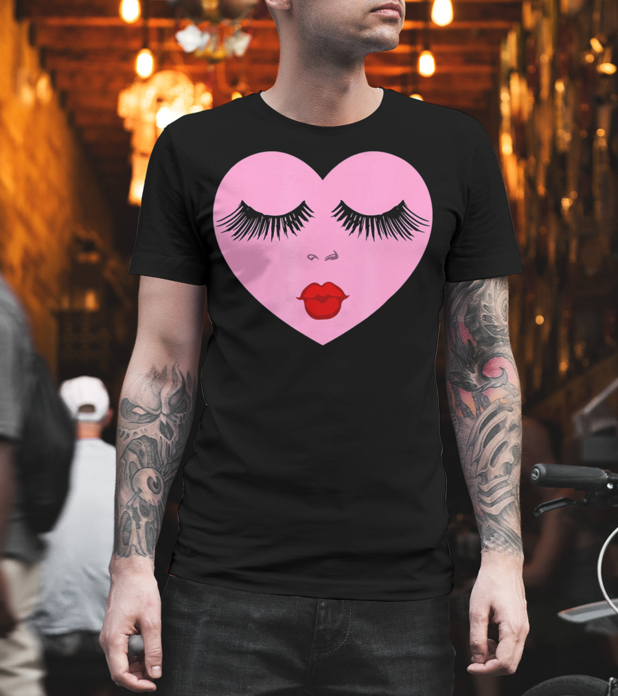 Pink Heart with Eyelashes and Red Lips Valentine T-Shirt