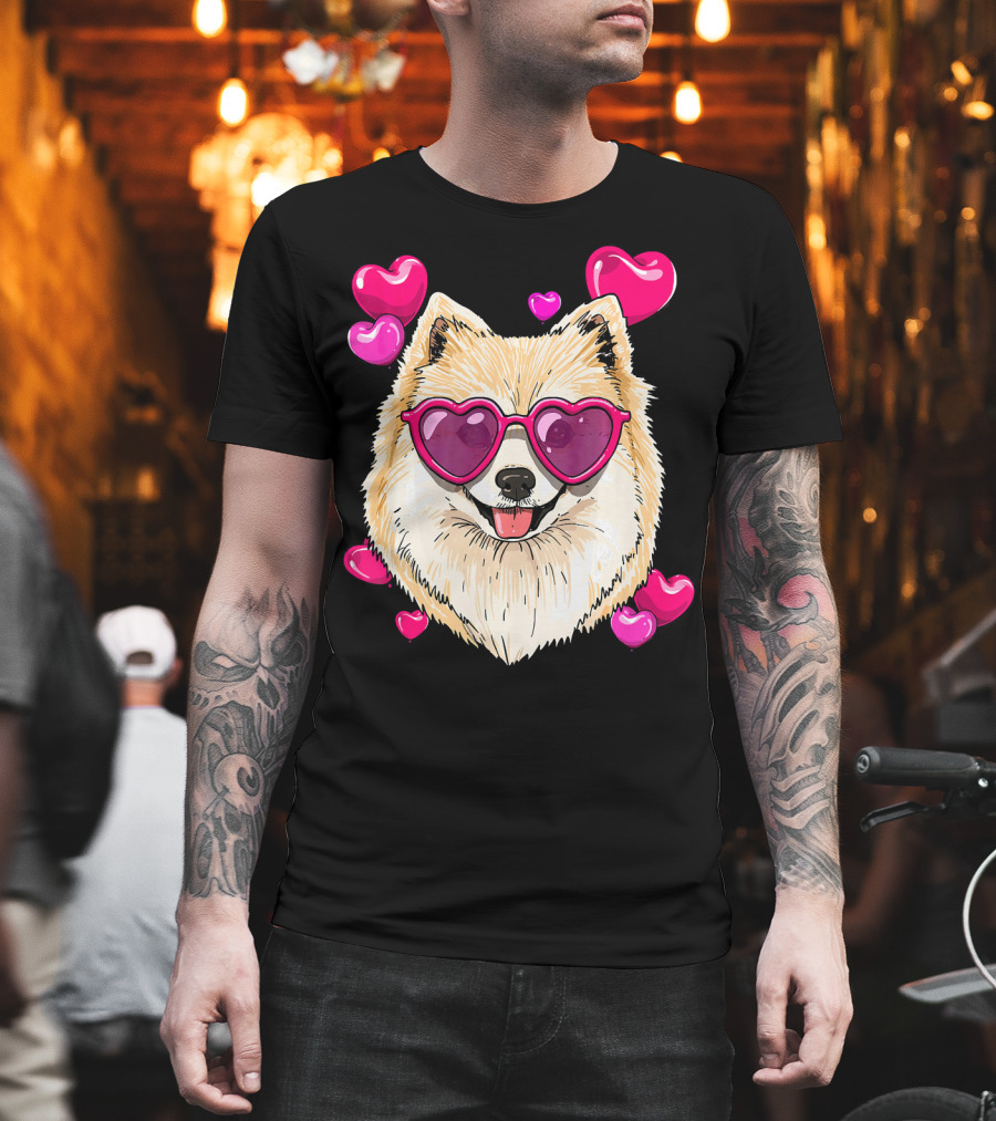 Pomeranian Valentines Day Heart Sunglasses Love Dog T-Shirt