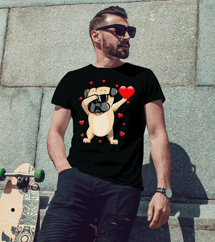 Pug Valentines Day Dabbing Love Dog With Hearts T-Shirt