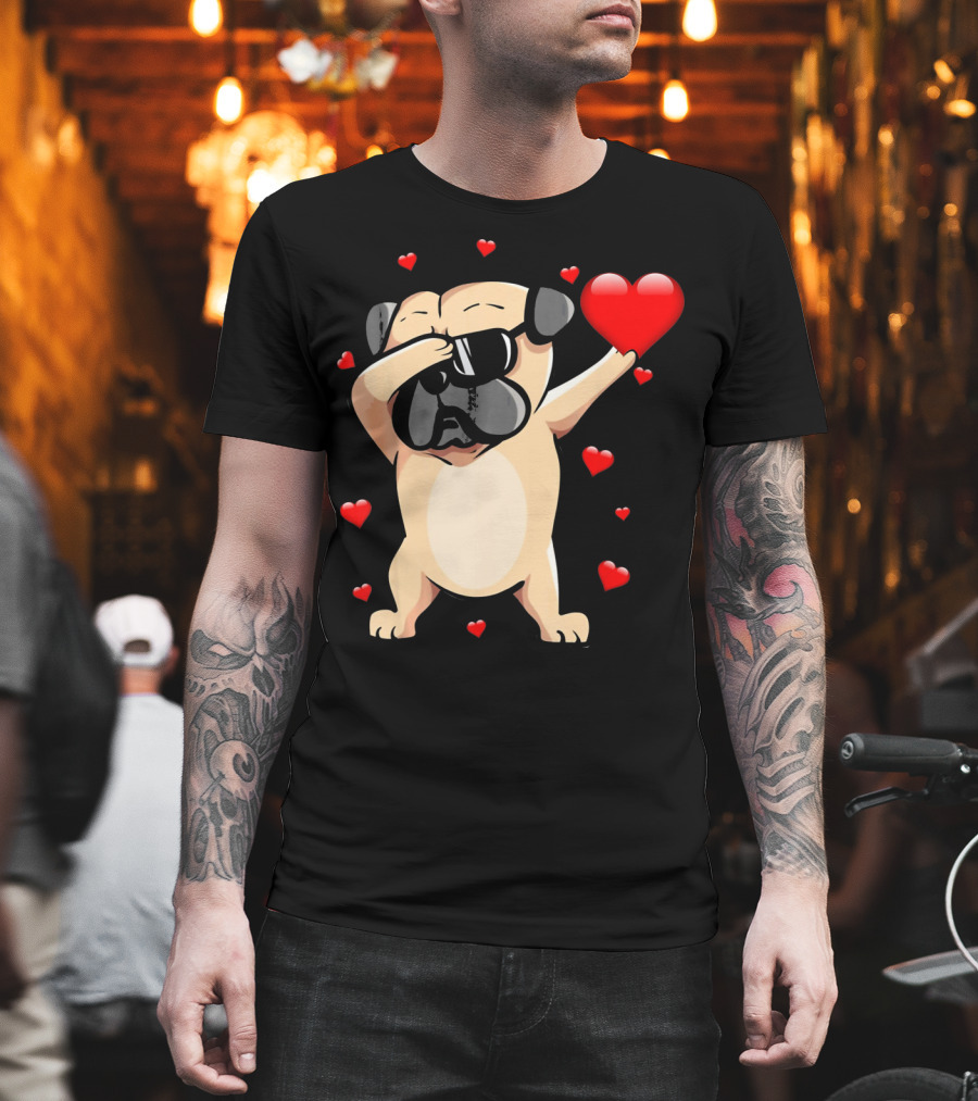 Pug Valentines Day Dabbing Love Dog With Hearts T-Shirt