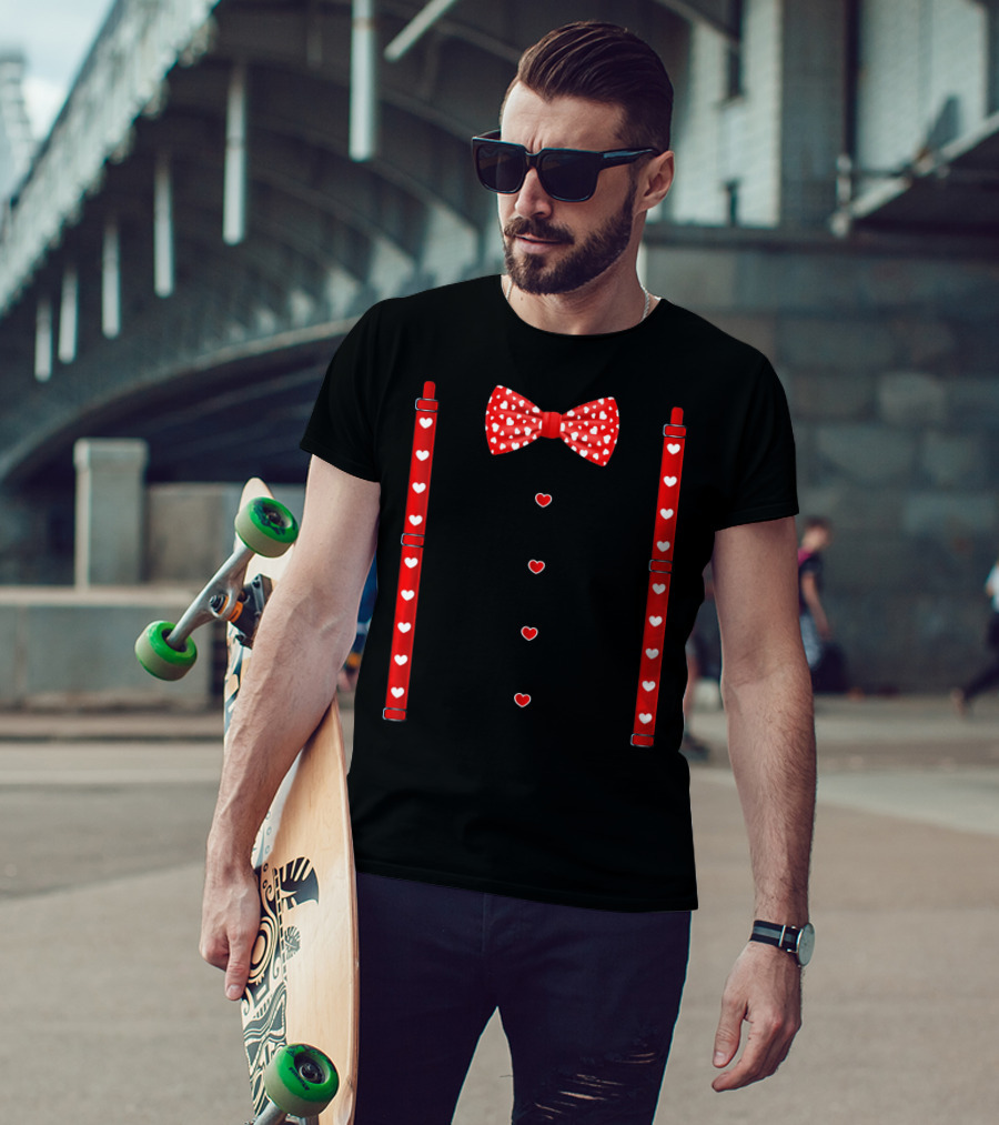Red Hearts Bow Tie And Suspenders Valentine T-Shirt