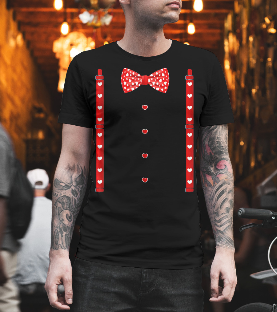 Red Hearts Bow Tie And Suspenders Valentine T-Shirt