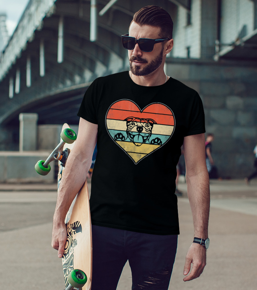 Retro Vintage Pit Bull Heart Valentine Stripes T-Shirt