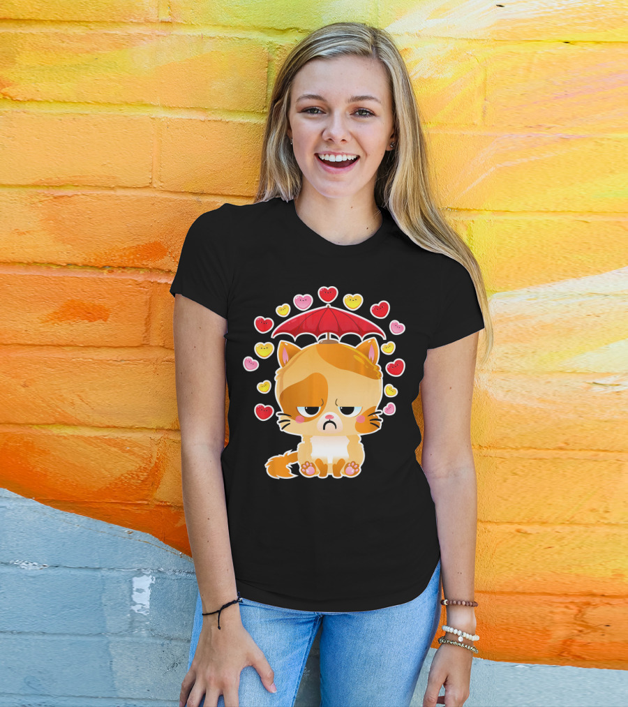 Sad Cat Under Umbrella With Raining Hearts Valentine's Day T-Shirt