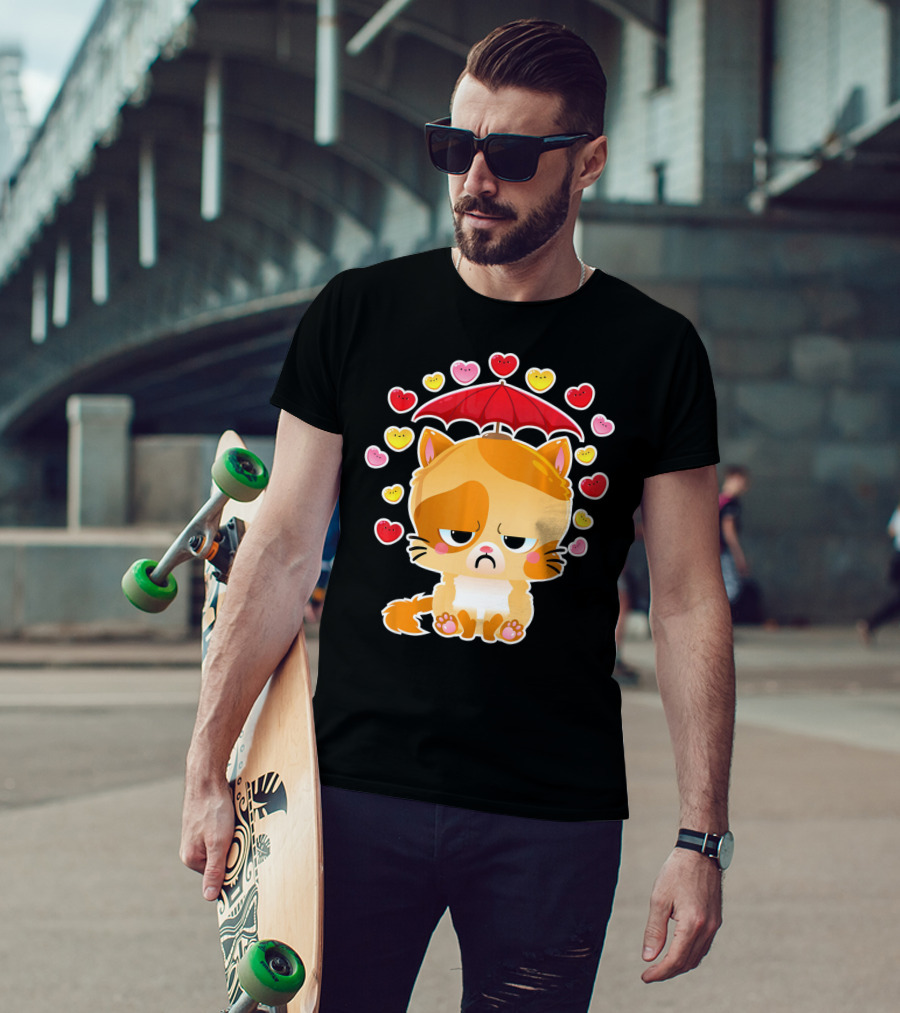 Sad Cat Under Umbrella With Raining Hearts Valentine's Day T-Shirt