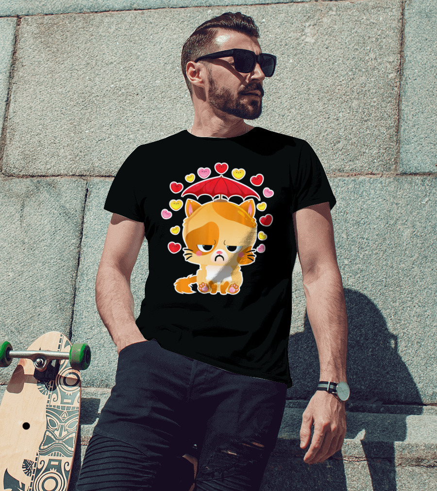 Sad Cat Under Umbrella With Raining Hearts Valentine's Day T-Shirt