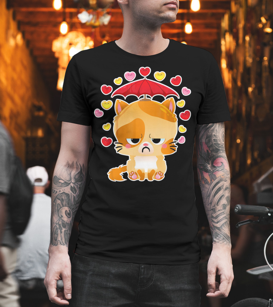 Sad Cat Under Umbrella with Raining Hearts Valentine's Day T-Shirt
