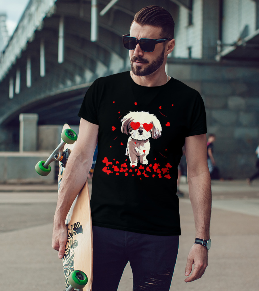 Shih Tzu Heart Valentines Day Dog With Heart Glasses Surrounded By Red Hearts T-Shirt