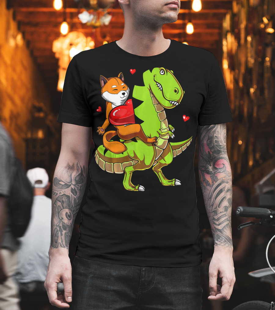 Shiba Inu Riding Green T-Rex Dinosaur With Red Hearts T-Shirt