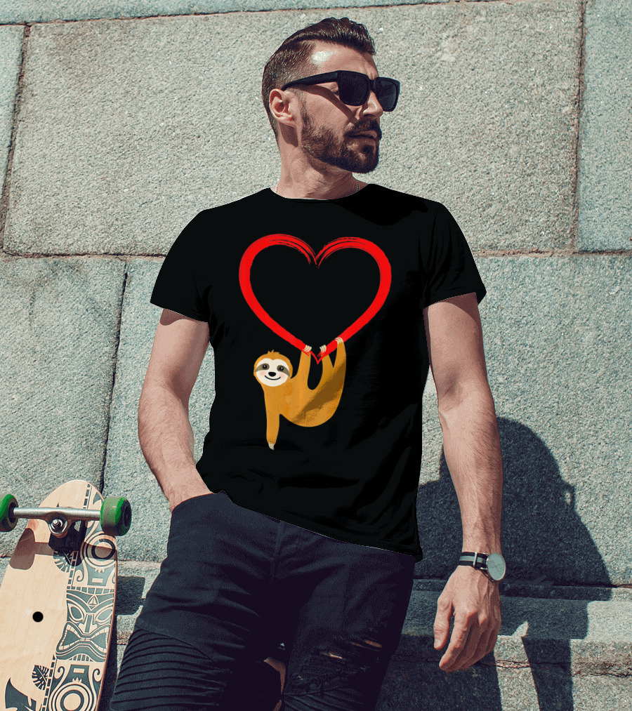 Valentines Day Sloth Hanging On Heart T-Shirt